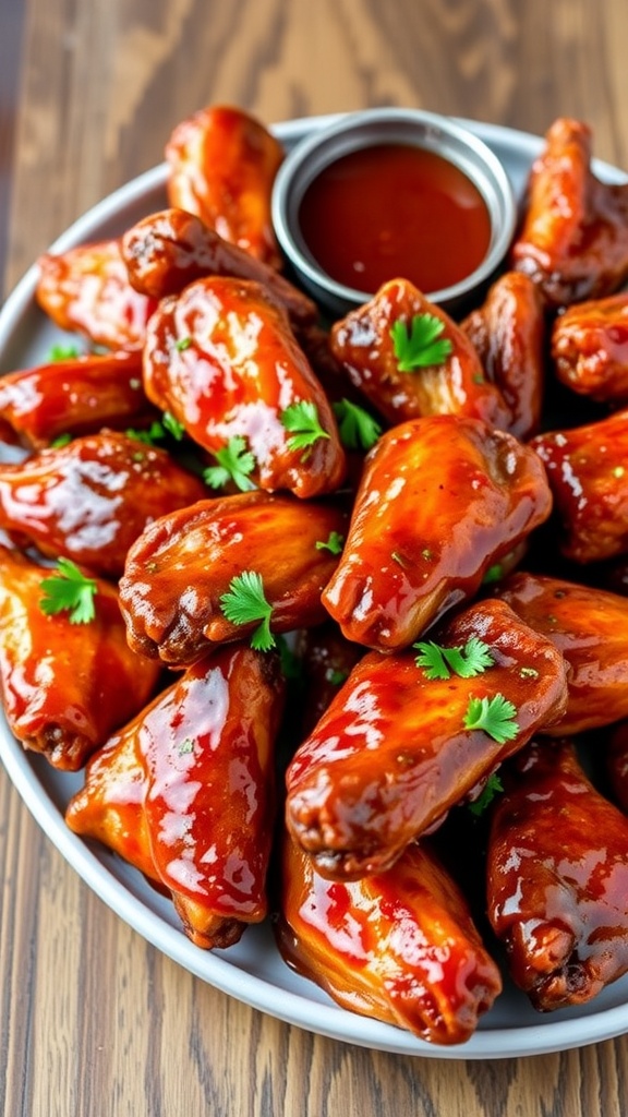 Crispy barbecue chicken wings garnished with parsley, served with barbecue sauce on a rustic wooden table.